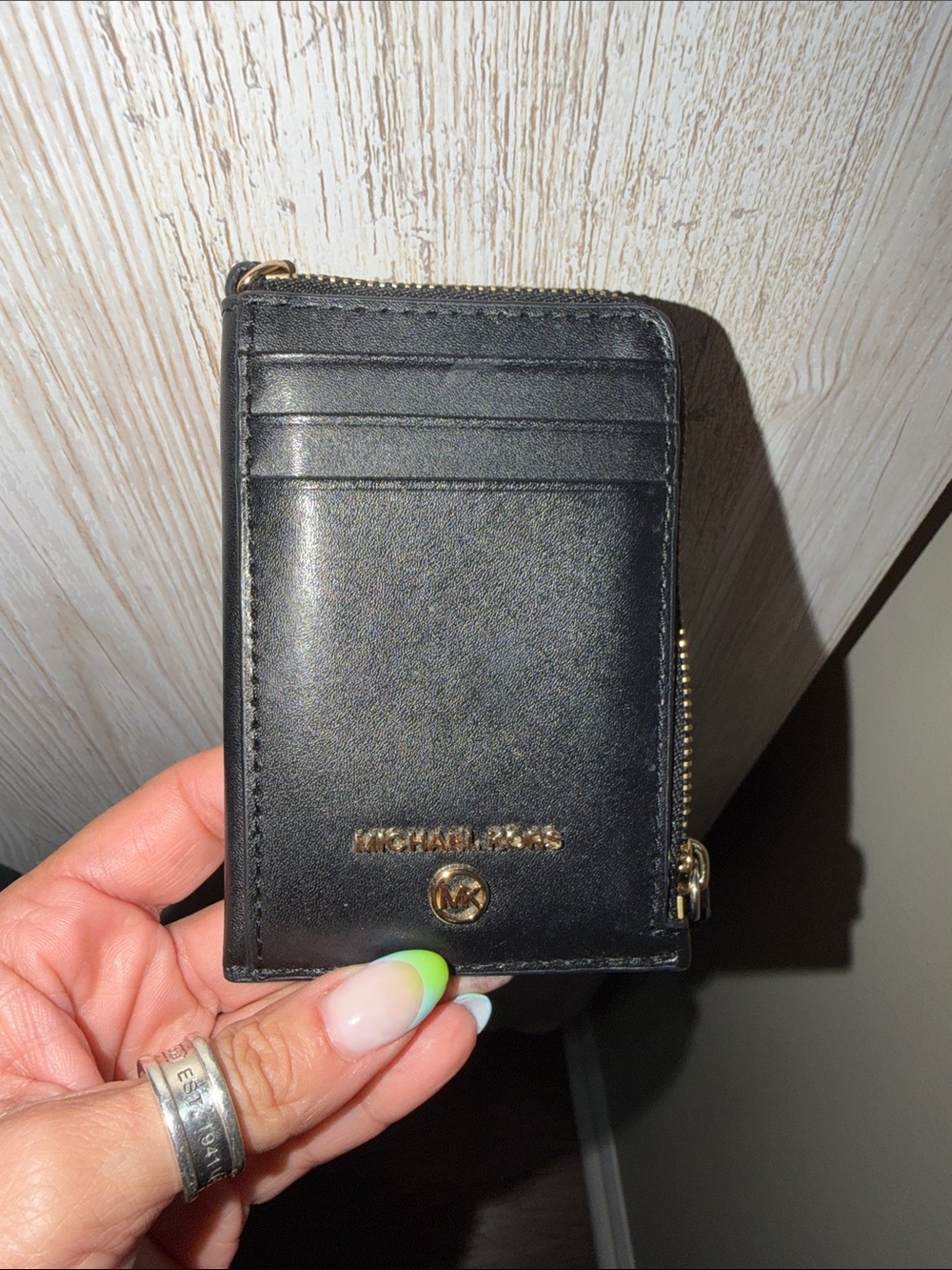 Michael Kors Black Leather Zip Card Holder with Gold Logo